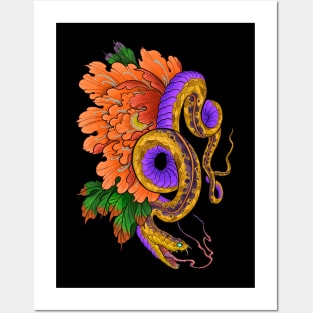 Neojapanese Peony Snake Posters and Art